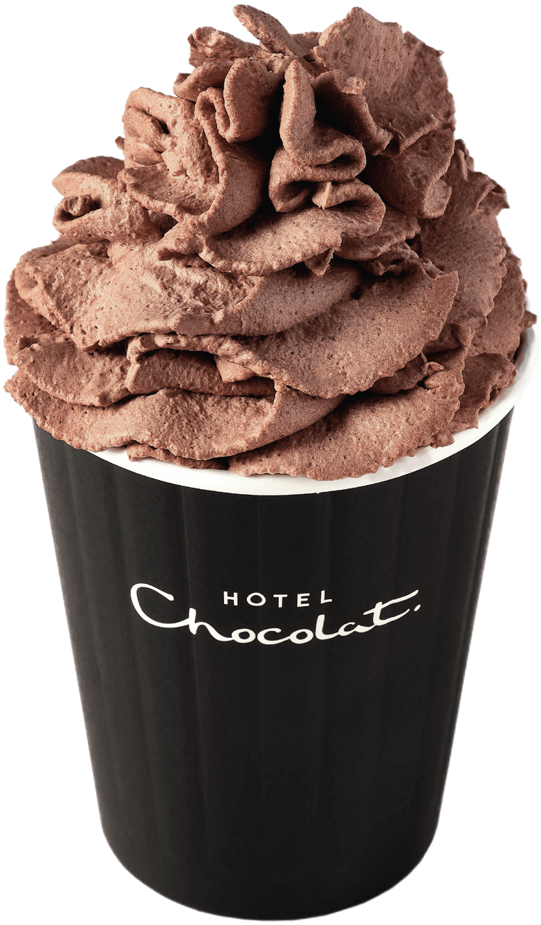 Chocolate whipped cream in a black "Hotel Chocolat" branded cup