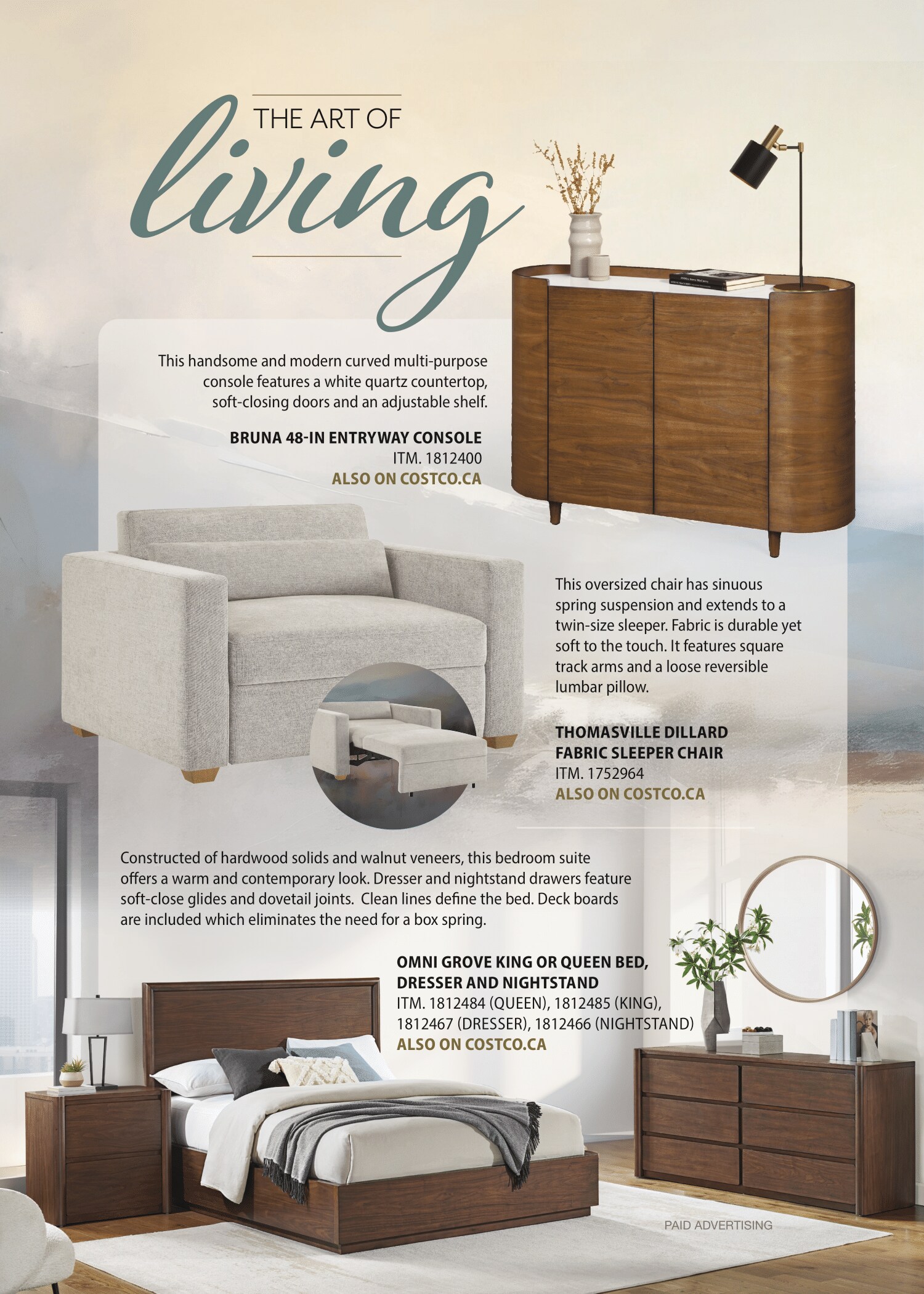 Ad for contemporary home furnishings featuring a stylish wooden console, plush sofa, and a serene bedroom setup