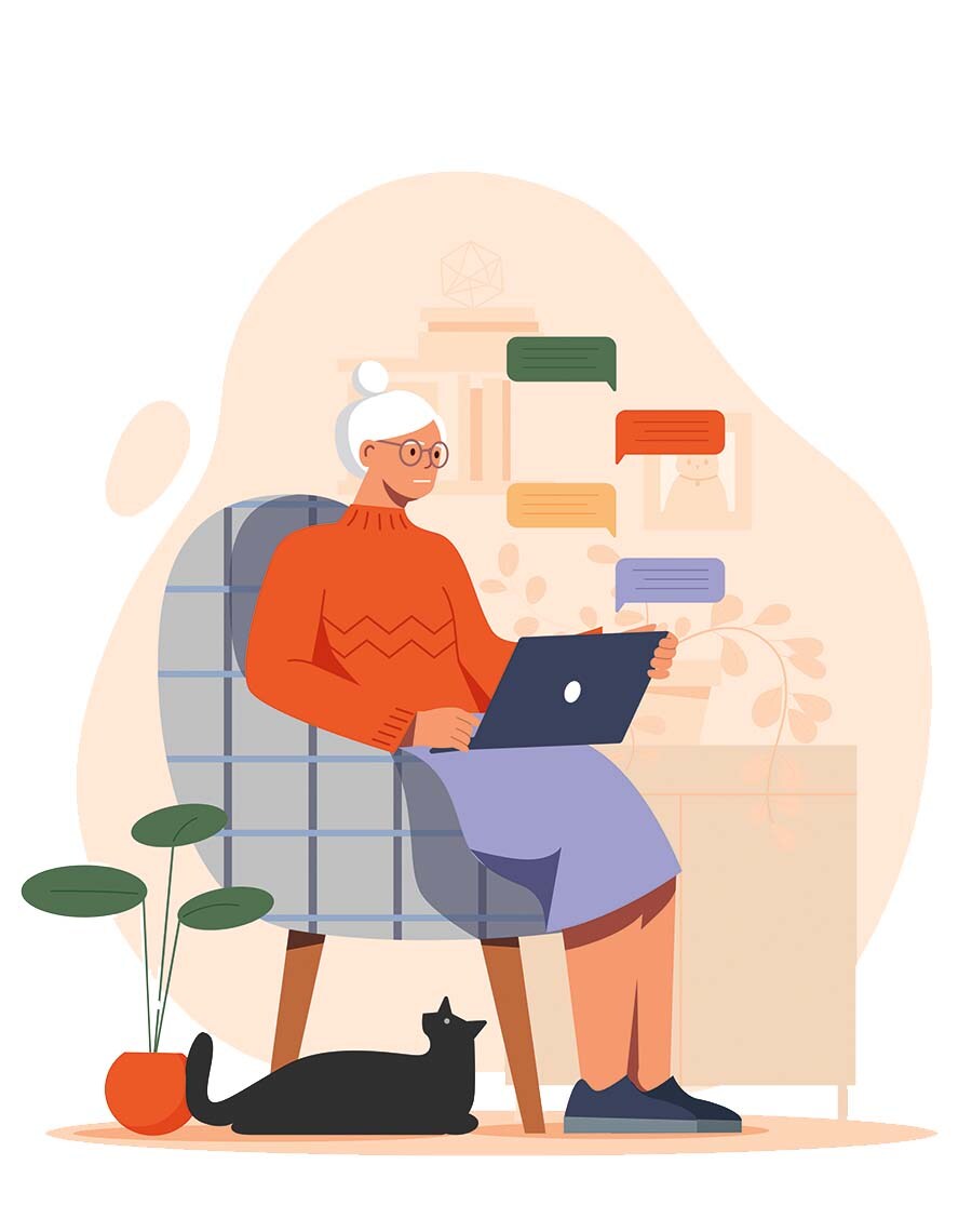 Femme âgée utilisant un ordinateur portable, avec un chat noir, assise dans un fauteuil, décorée de plantes