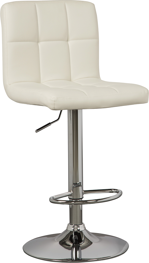 Modern white adjustable bar stool with square tufted padding and chrome base