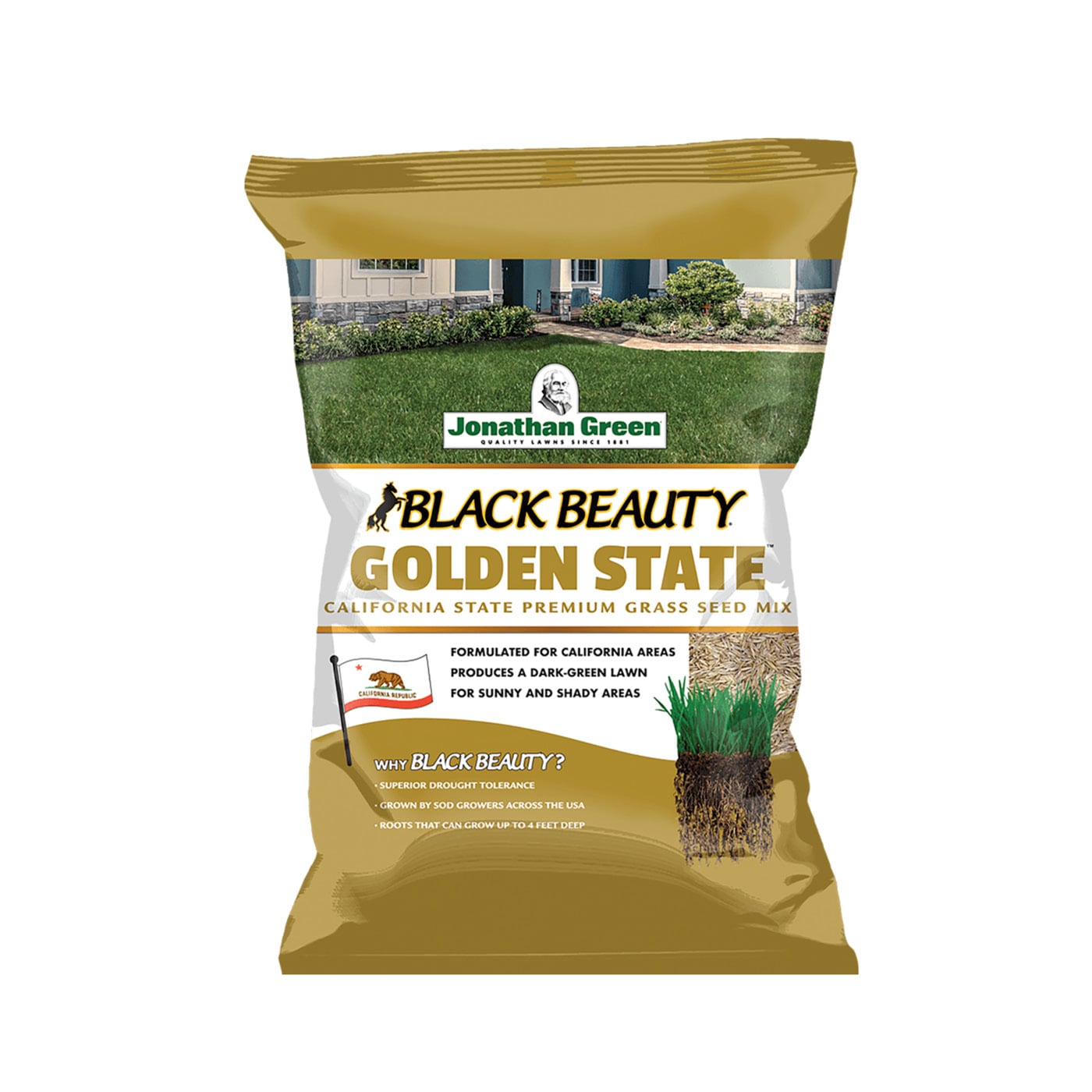 A bag of Jonathan Green Black Beauty Golden State grass seed