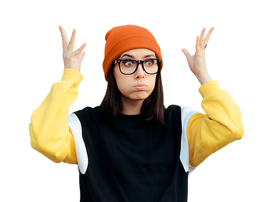 Woman in orange beanie and glasses making a confused gesture