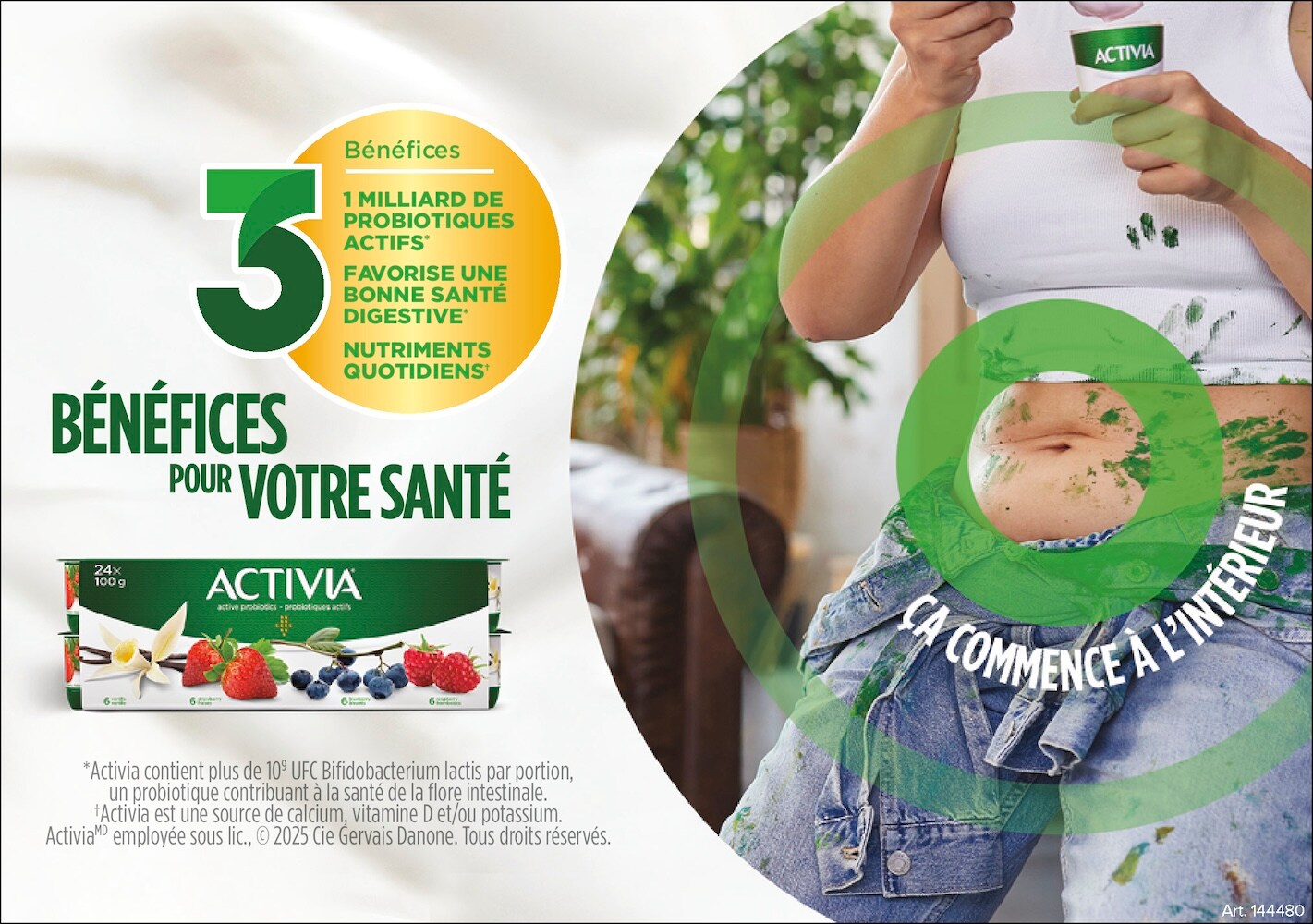 Ad for Activia yogurt showing a woman holding a yogurt cup, with text about health benefits