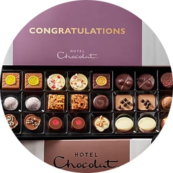 Congratulations" branded chocolate box by Hotel Chocolat featuring a variety of gourmet chocolates