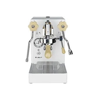A white Lelit Mara X espresso machine with yellow accents, portafilter, and steam wands for making coffee