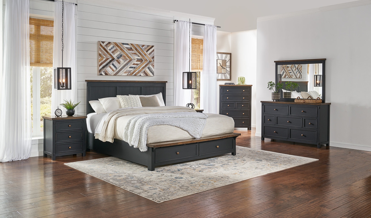 Modern bedroom with a dark wood bed, matching furniture, white bedding, and light curtains