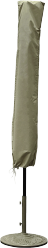 Olive green patio umbrella in a closed position on a stand