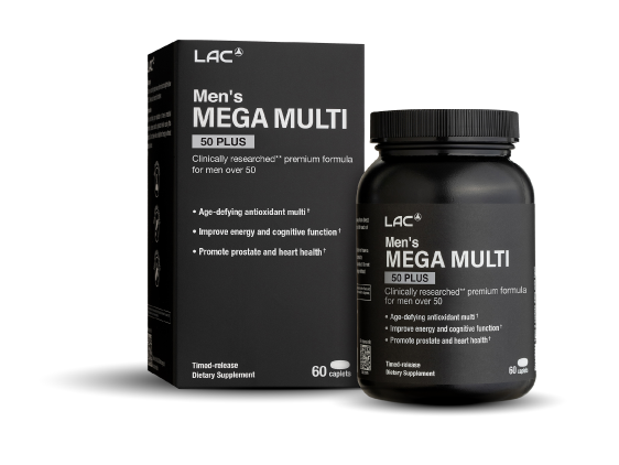 Bottle and box of LAC Men's Mega Multi vitamins on a gray background
