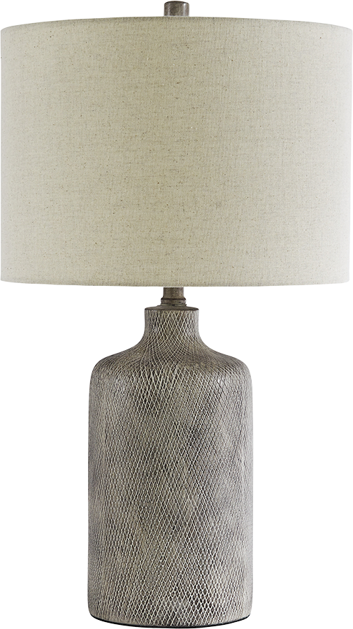 Table lamp with a textured silver base and cream lampshade