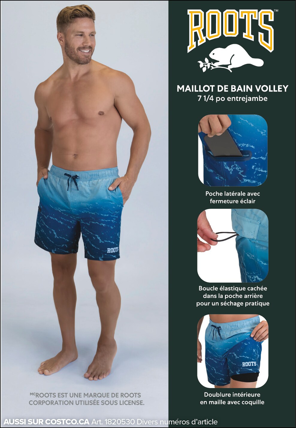 Publicité pour maillot de bain volley Roots, homme montrant design et poche intérieure