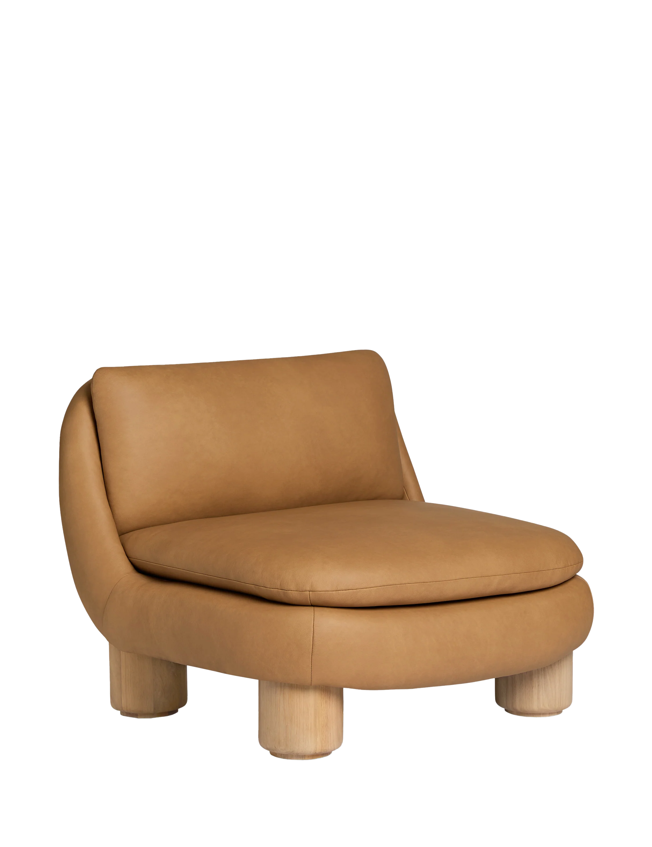 Tan leather curved armless chair on a plain background