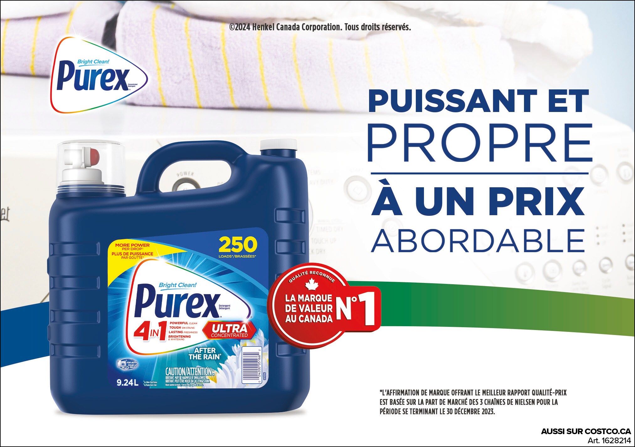 Publicité Purex : détergent liquide dans un contenant bleu, texte promettant efficacité à bon prix