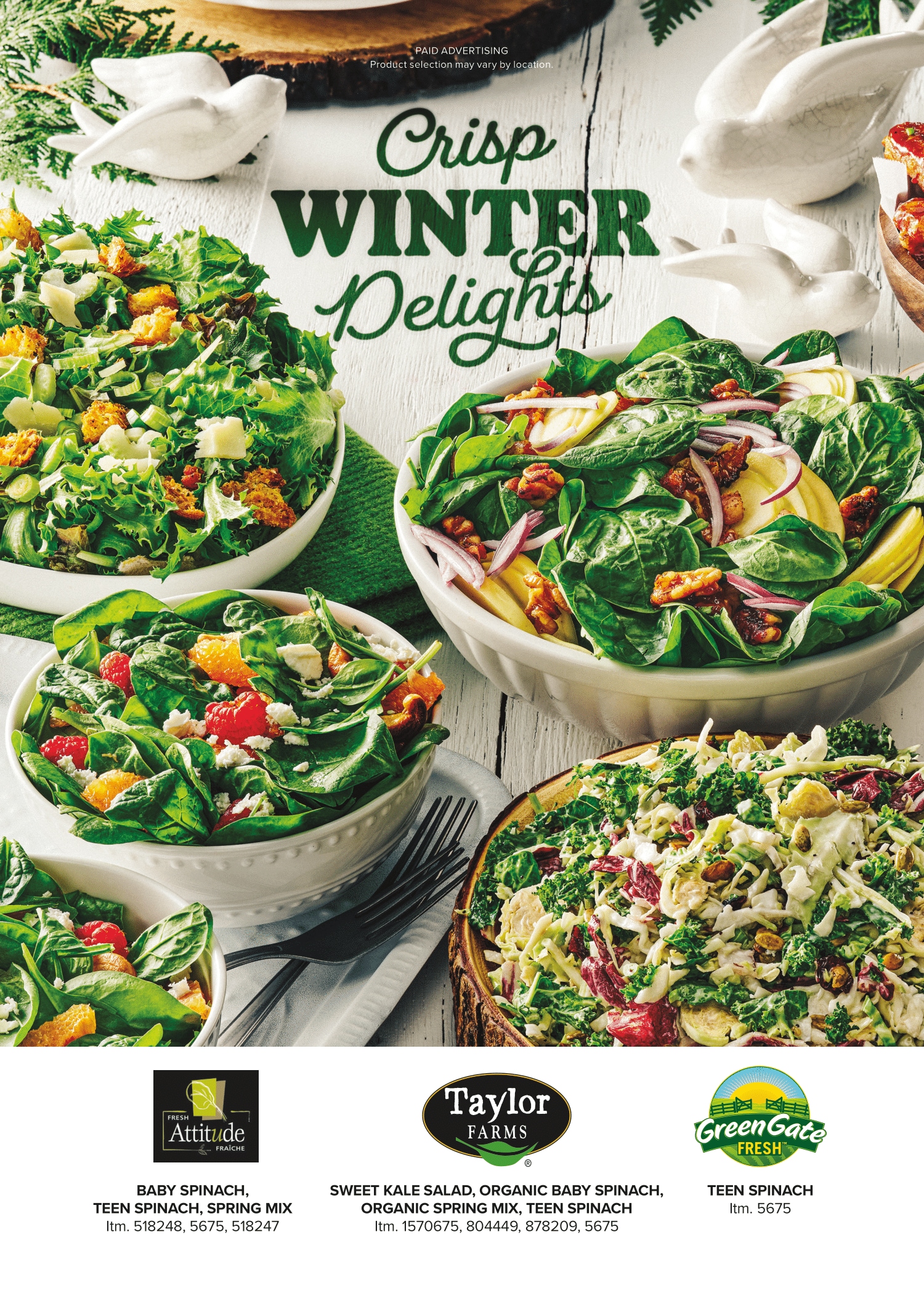 Ad for Taylor Farms and Green Giant Fresh salads, titled "Crisp Winter Delights," featuring various fresh salad bowls