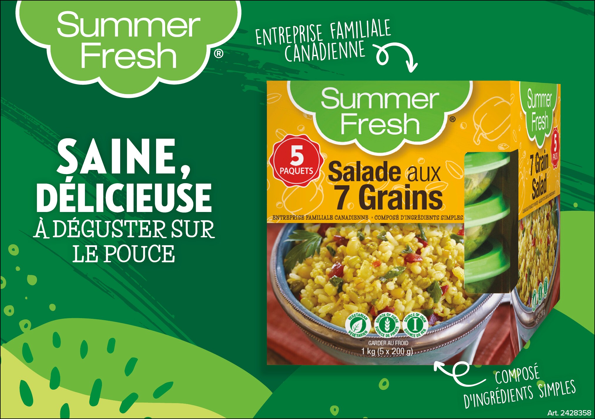 Publicité pour Summer Fresh Salade aux 7 Grains, emballage vert avec texte promotionnel et prix