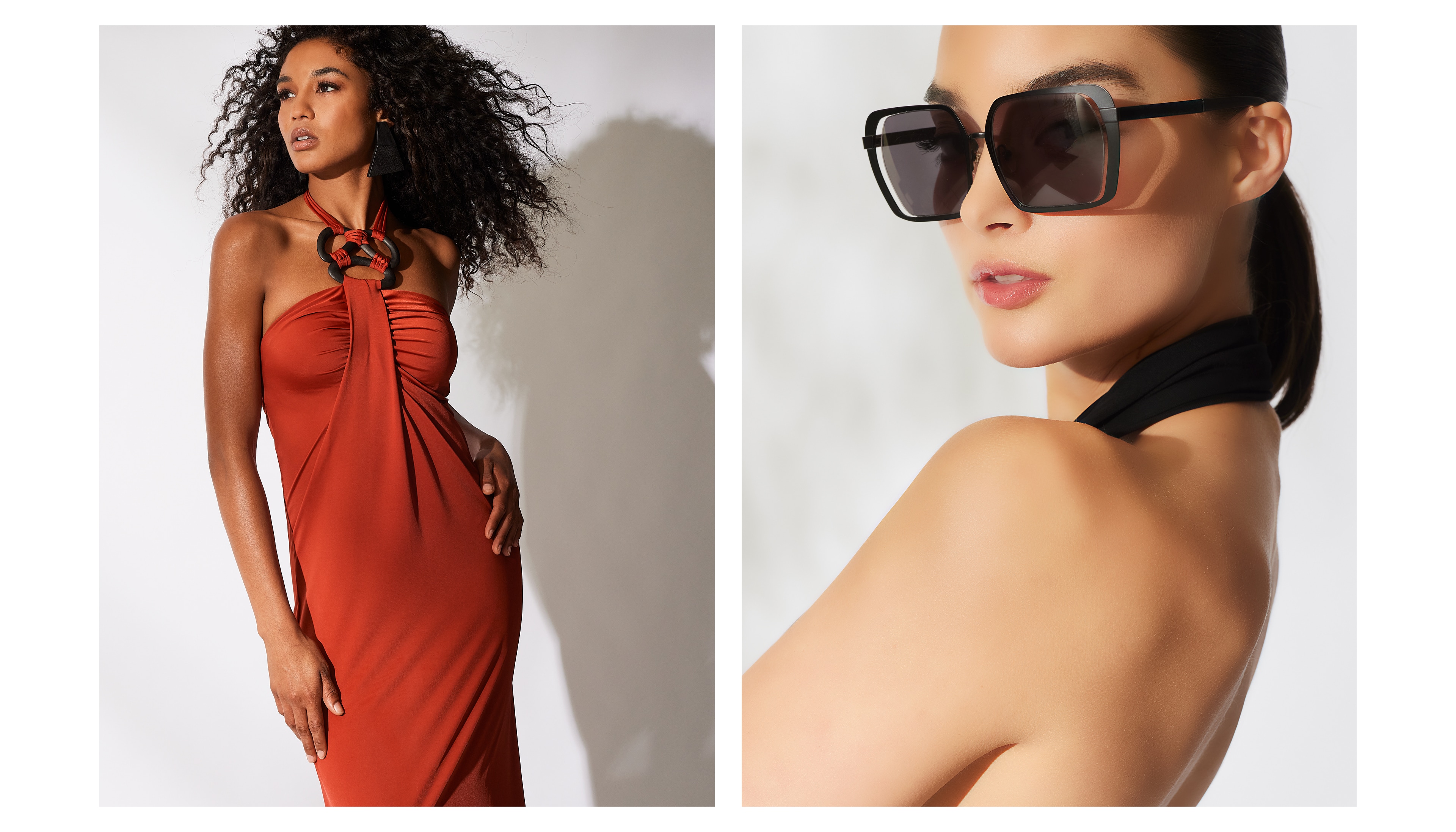 Split image of two women modeling: left in red dress, right in black top and sunglasses