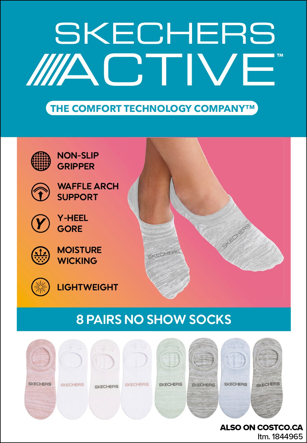 Ad for Skechers Active no-show socks, featuring 8 pairs with non-slip grip and moisture wicking technology. Available at Costco.ca