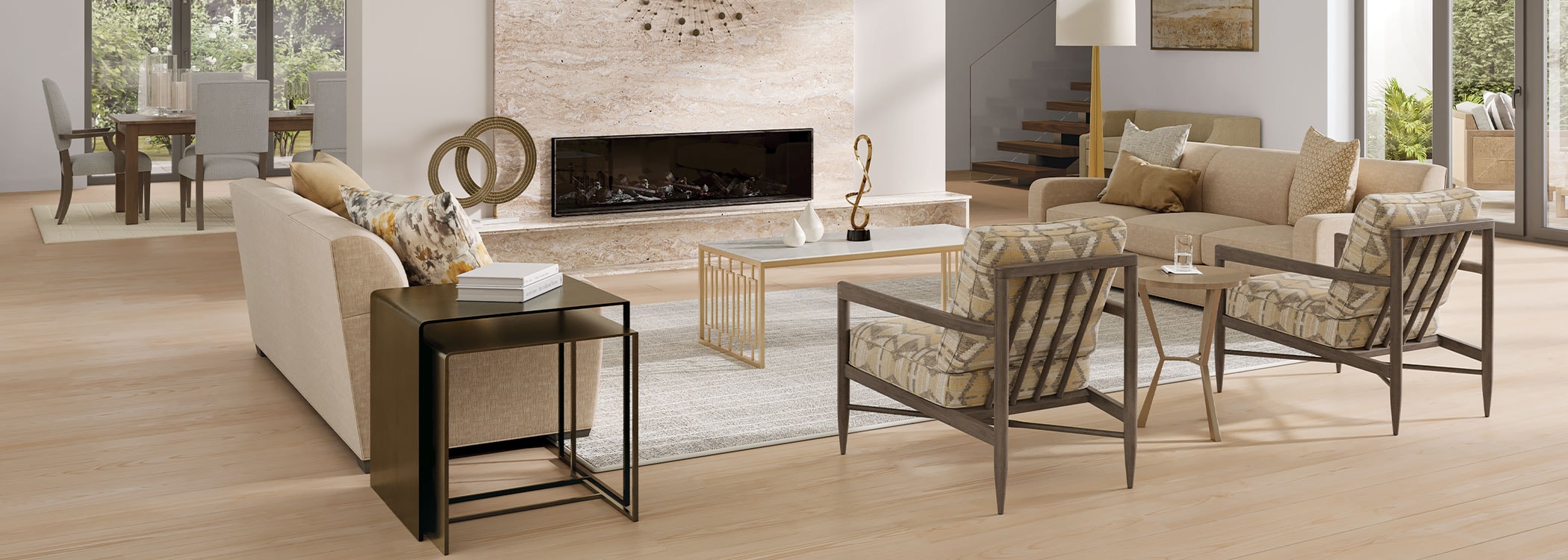 Elegant living room with a fireplace, modern furniture, and large windows