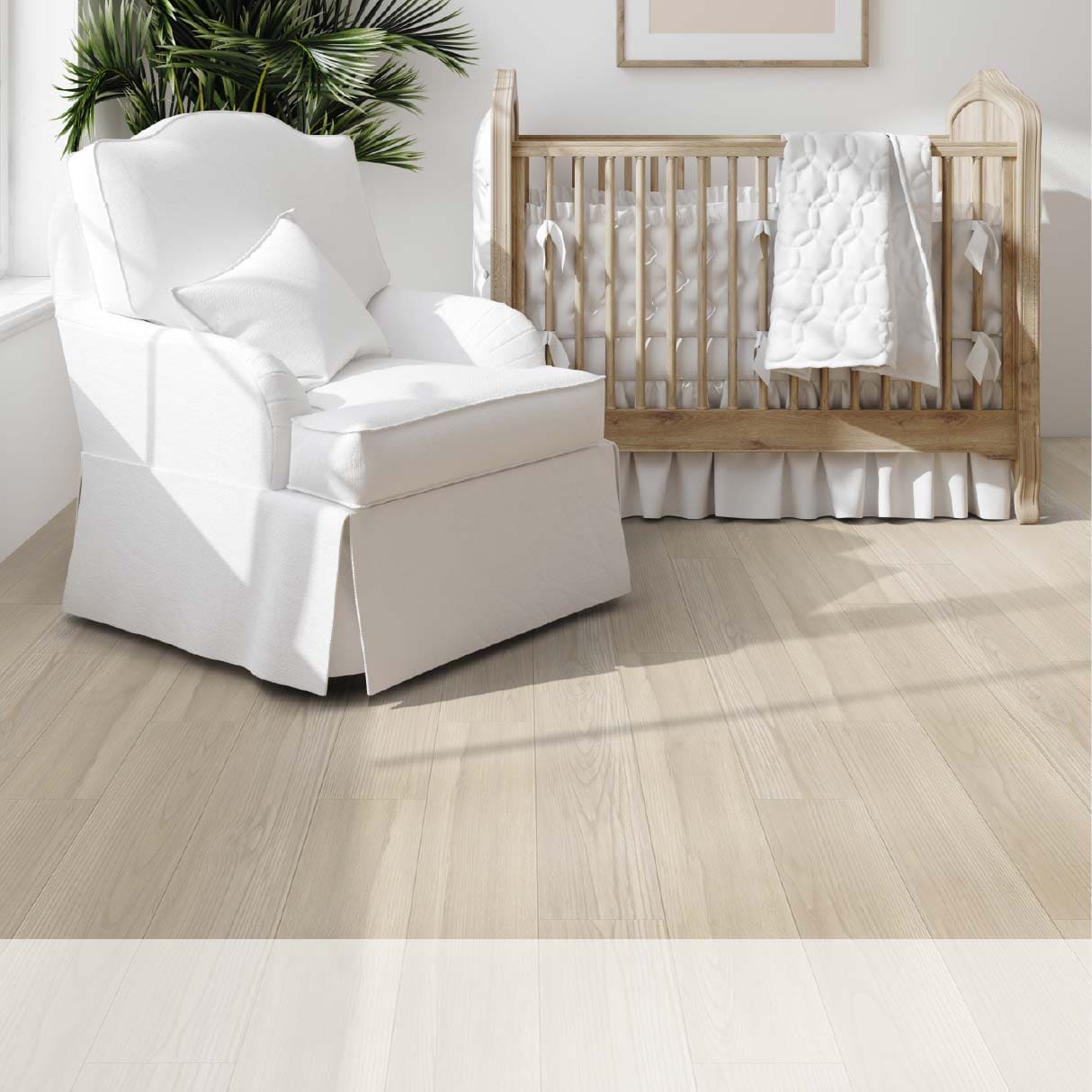 Nursery room with a white rocking chair and a wooden crib