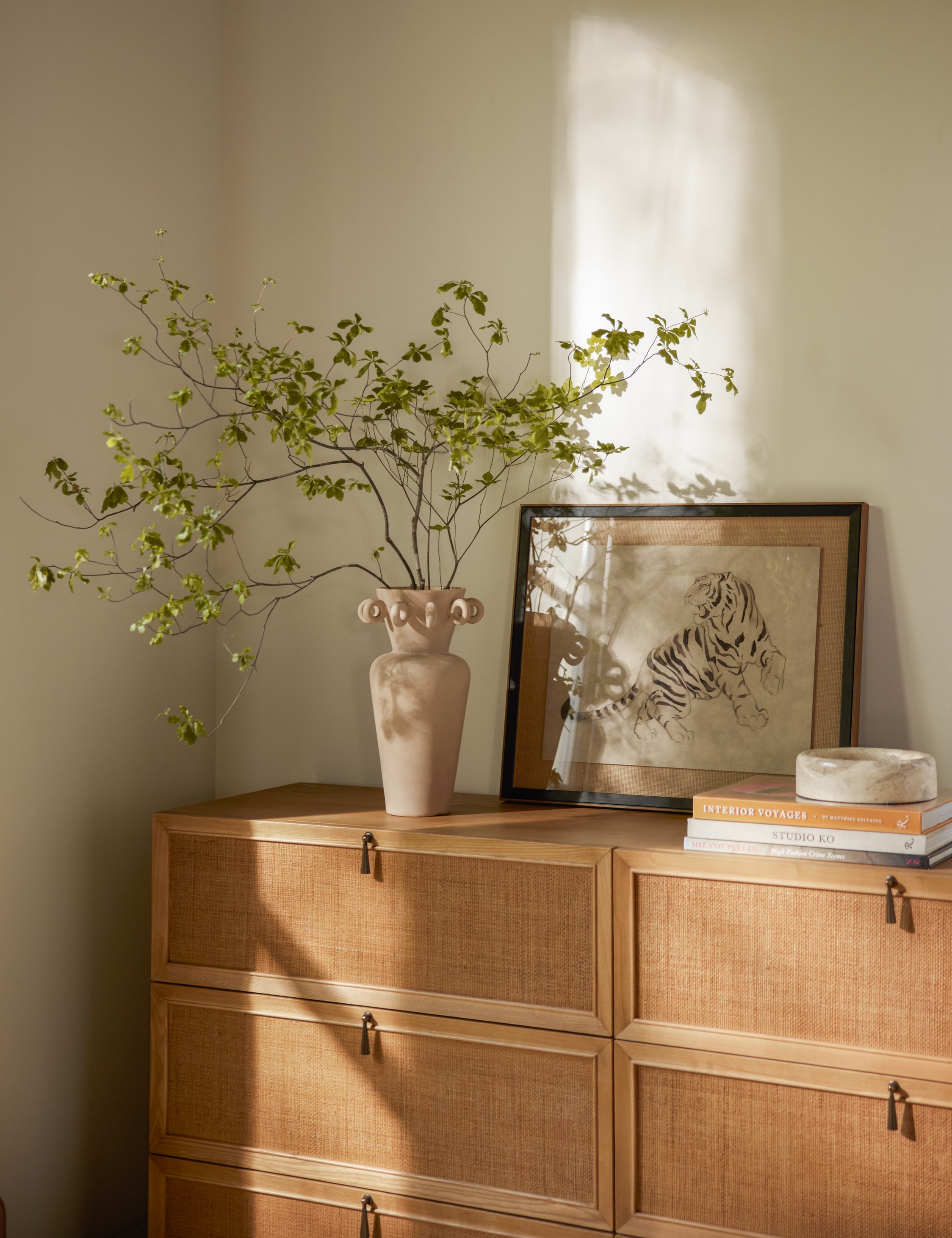 Sunlit wooden dresser with a vase of branches, framed artwork, and books