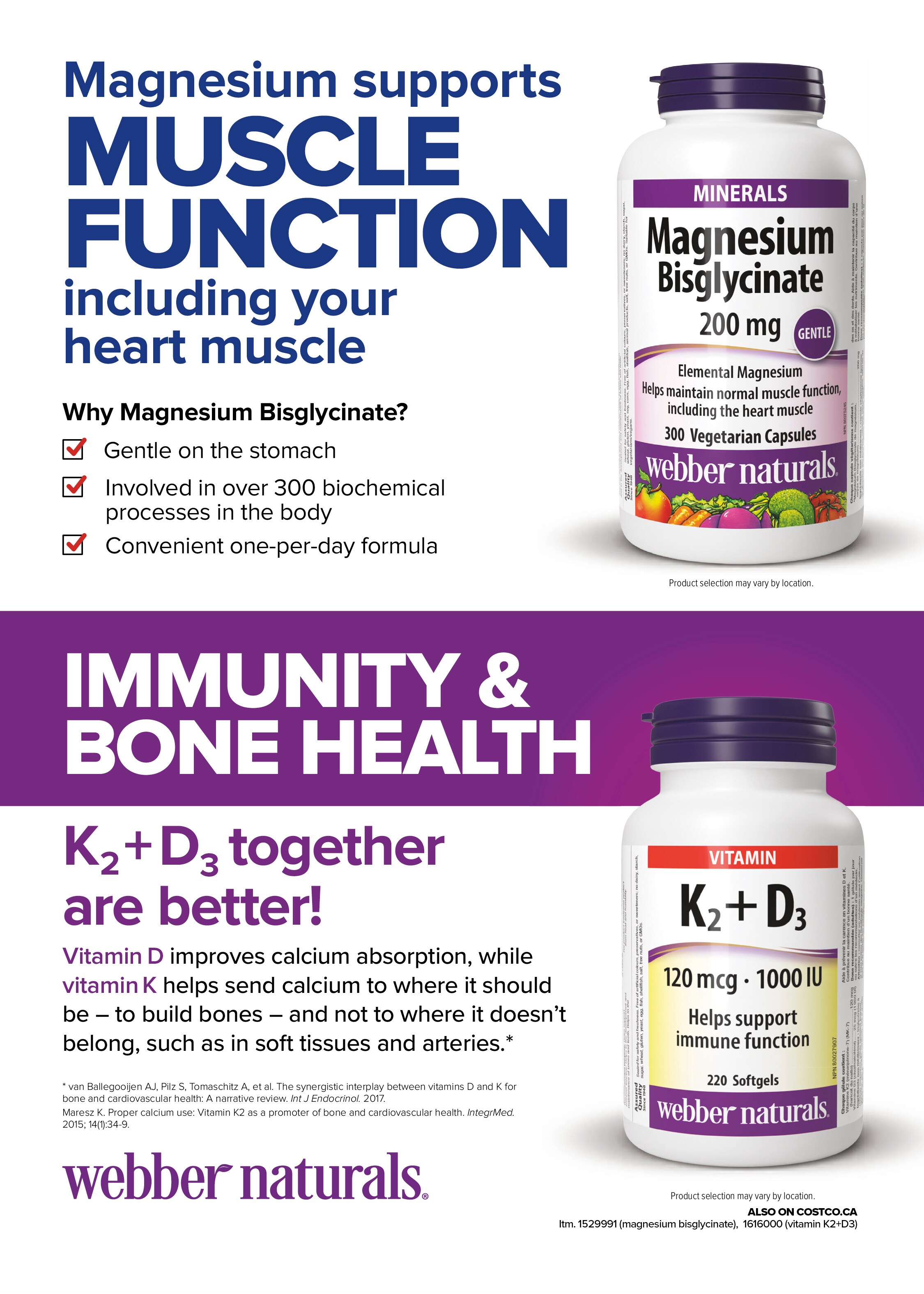 Ad for Webber Naturals supplements, highlighting Magnesium for muscle function and K+D for bone health