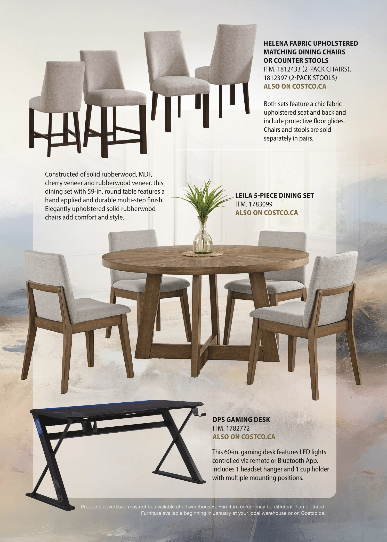 Ad for various furniture pieces including chairs, tables, and a bench with descriptions and prices