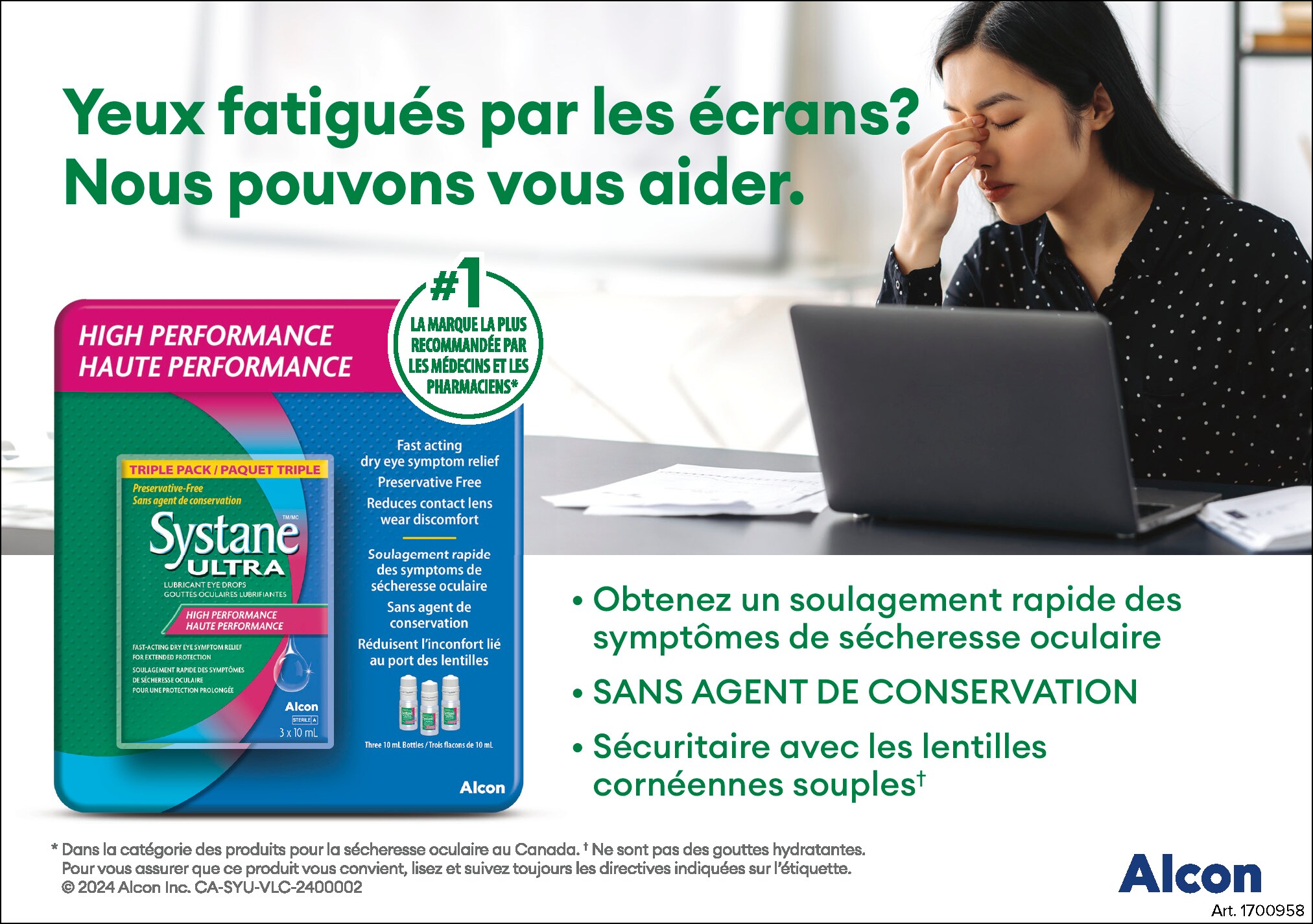 Publicité pour Systane Ultra d'Alcon avec femme utilisant un ordinateur, promeut soulagement de la sécheresse oculaire