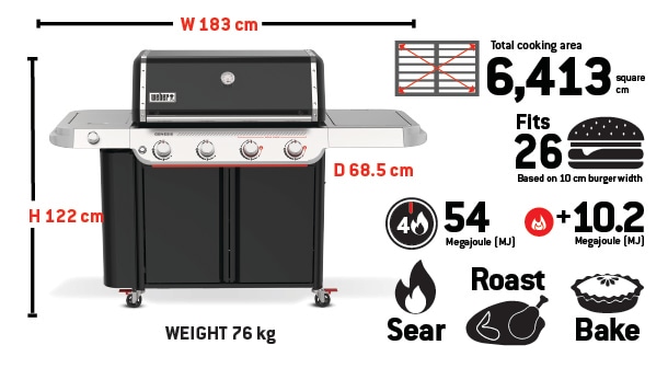 Illustration of a grill with dimensions, weight, and cooking features