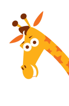 Cartoon giraffe with a surprised expression, looking down, isolated on a black background