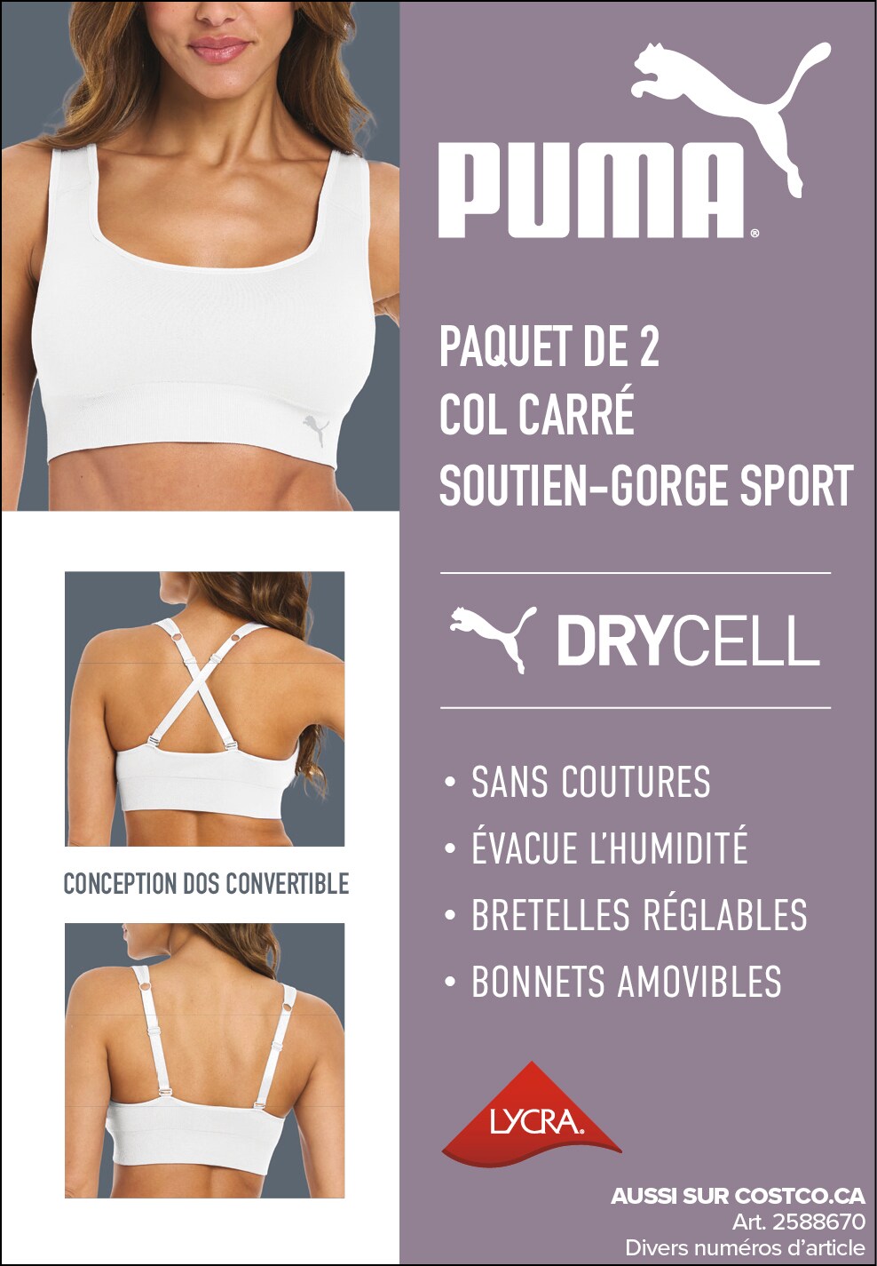 Publicité Puma pour un paquet de 2 soutiens-gorge de sport blancs, technologie DryCELL, sans coutures