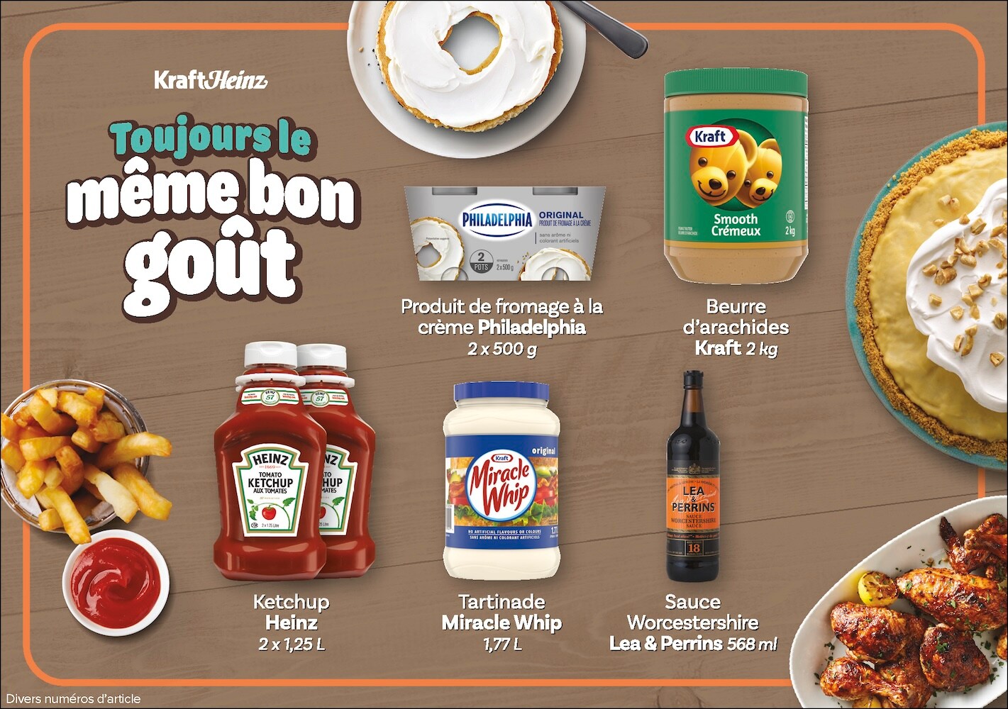 Ad for grocery products including Heinz ketchup, Miracle Whip, Philadelphia cream cheese, and more, featuring the tagline "Toujours le même goût