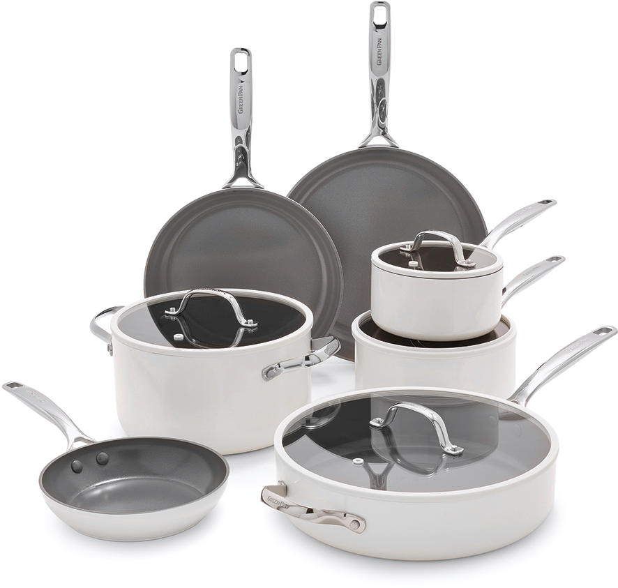 Ensemble de casseroles et poêles en céramique, couleur crème et gris