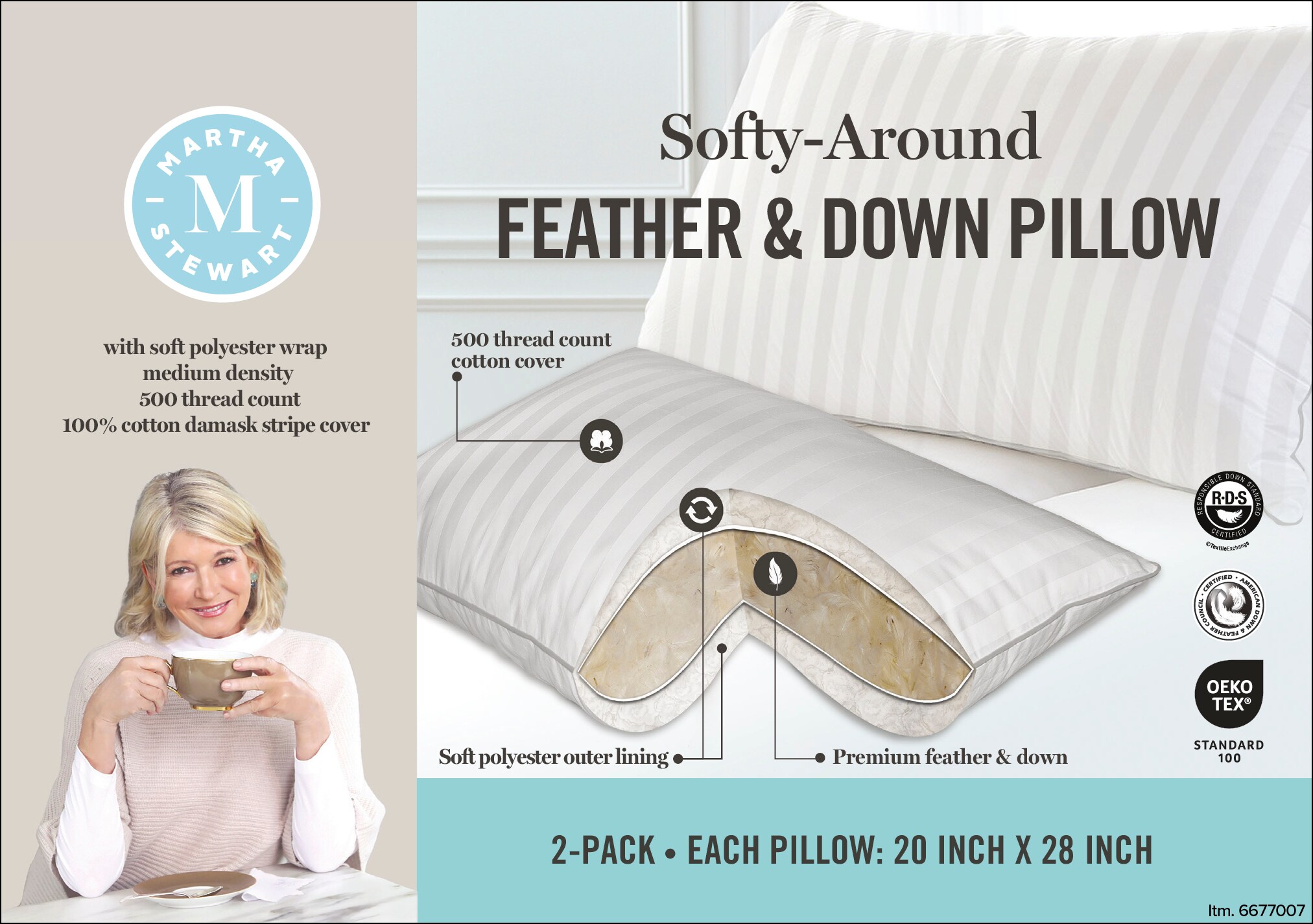 Ad for Softy-Around Feather & Down Pillow, showing pillow features and a woman relaxing with a cup