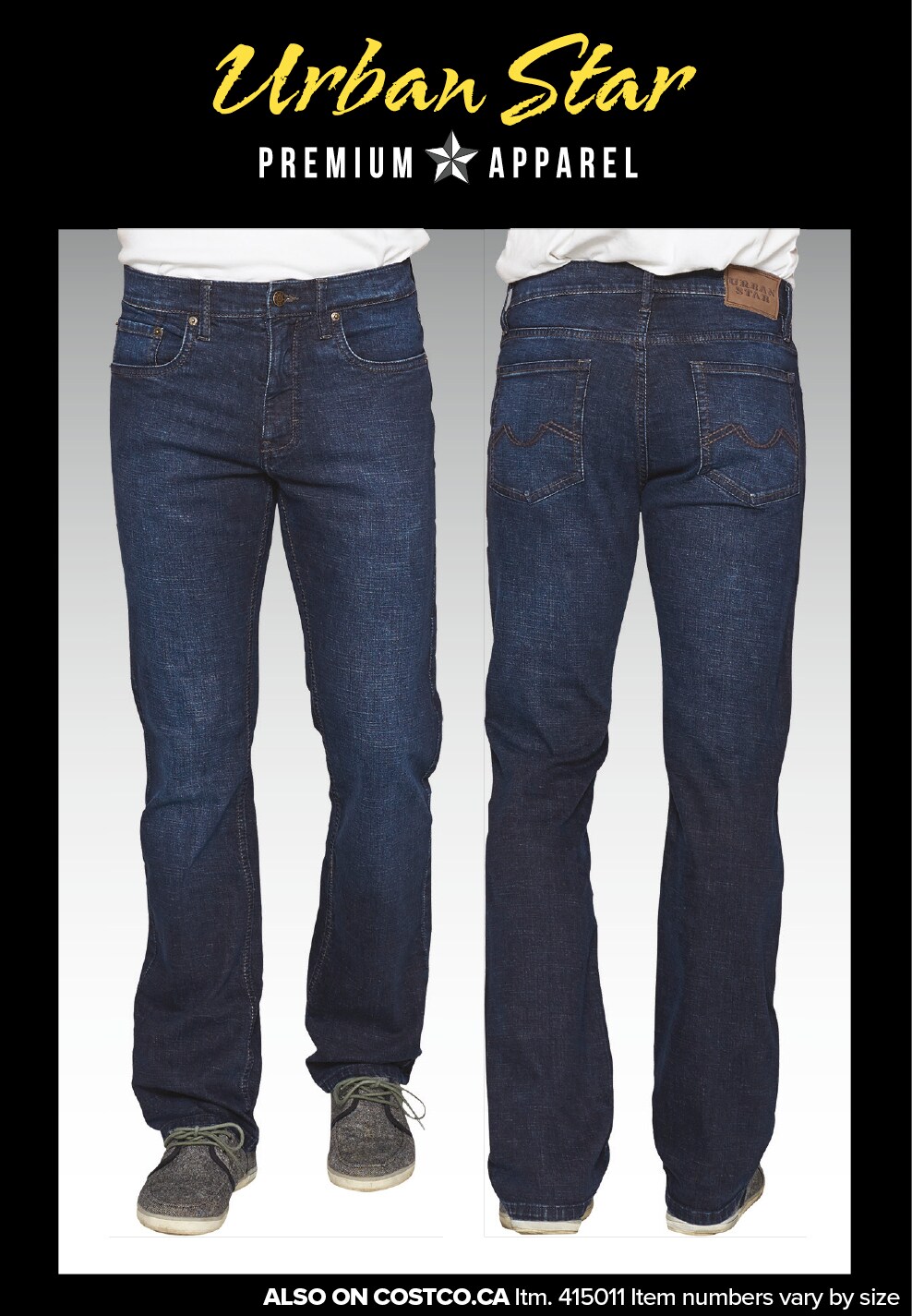 Ad for Urban Star jeans, front and back view, available at Costco