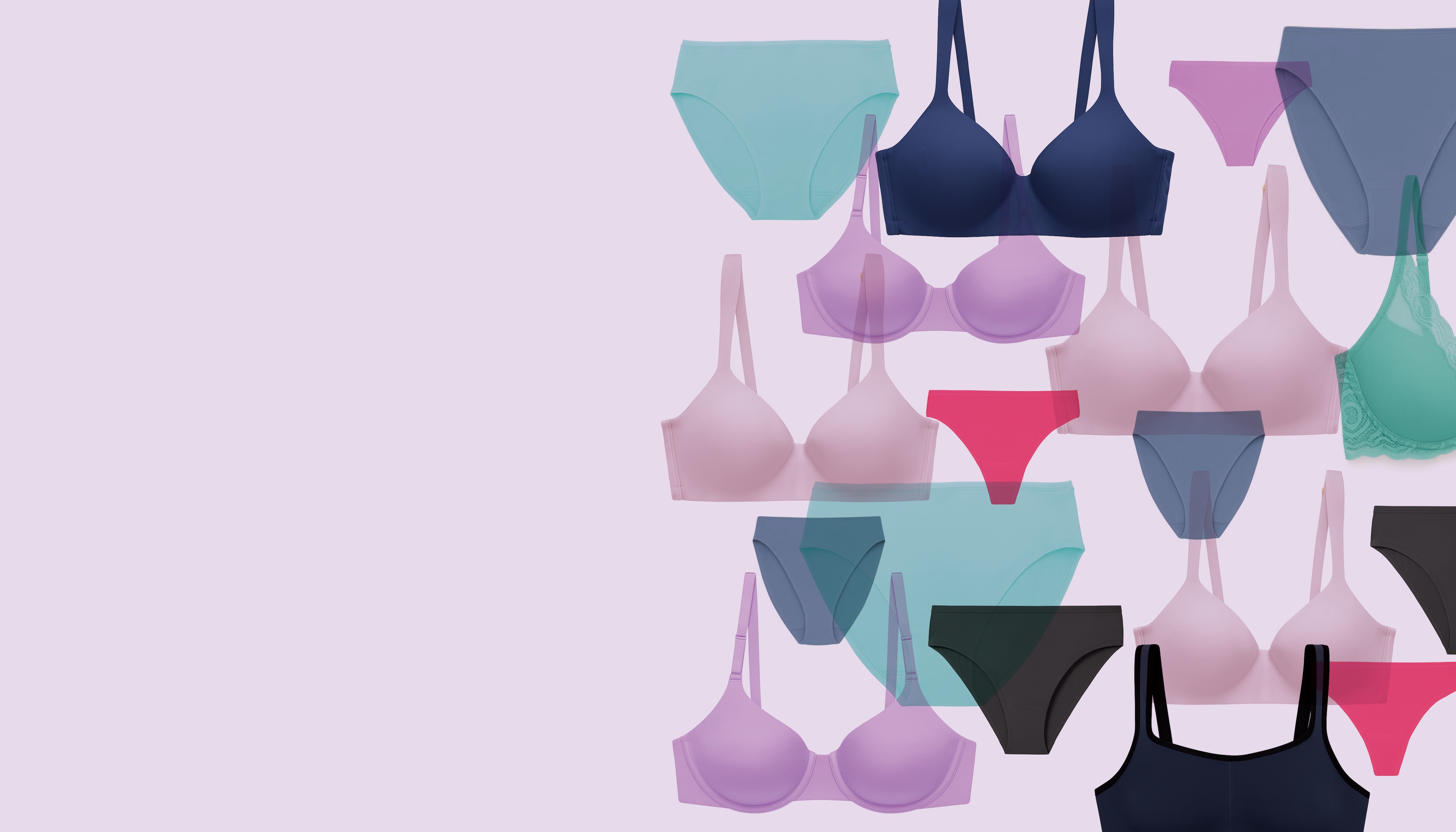 Assortment of bras and panties in various colors displayed against a light background