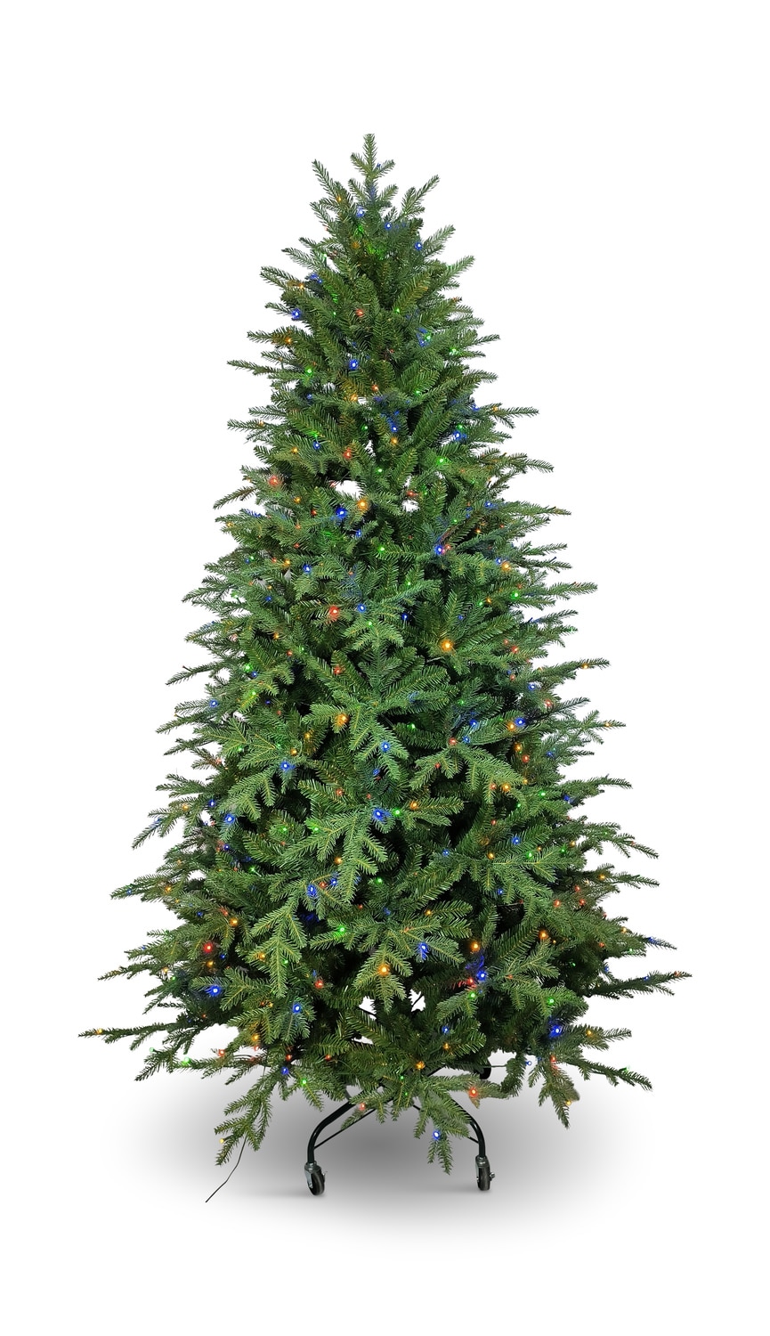 Artificial Christmas tree with lights on a stand, isolated on white background