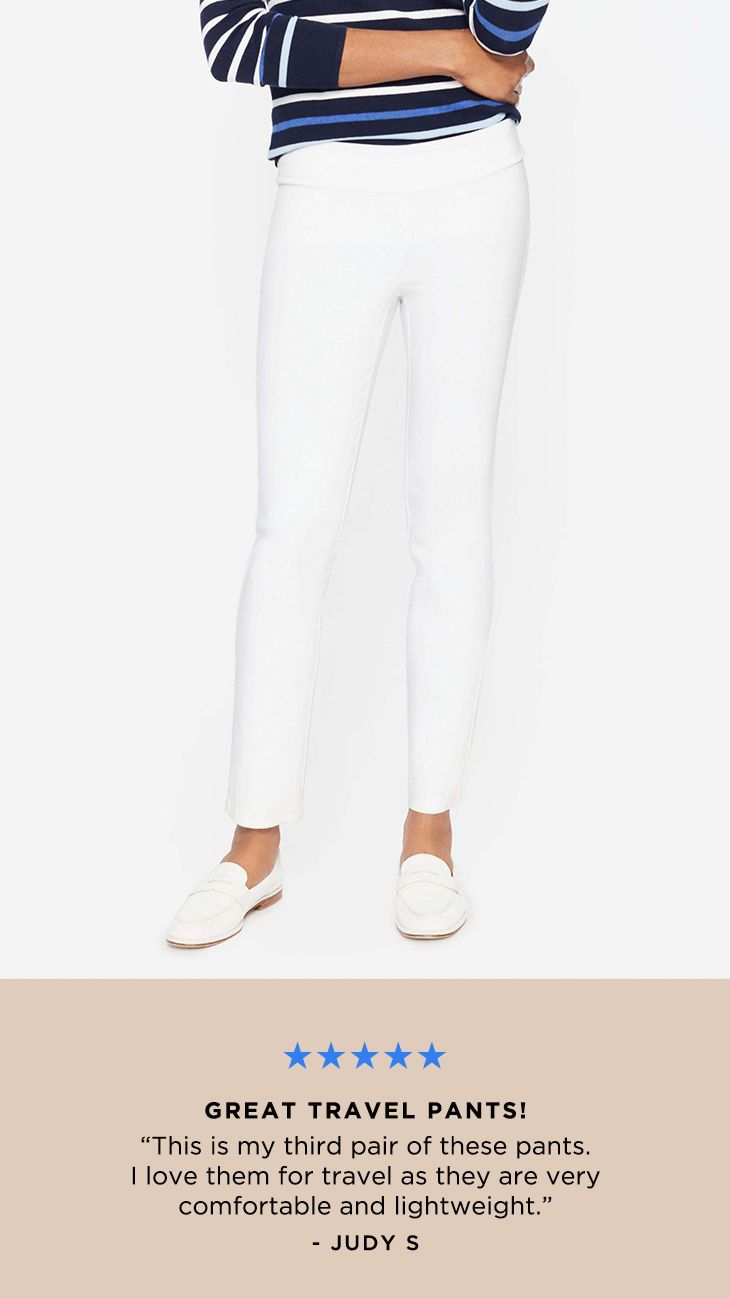 Woman in white pants and striped top, shoes visible, with a positive review for travel pants displayed