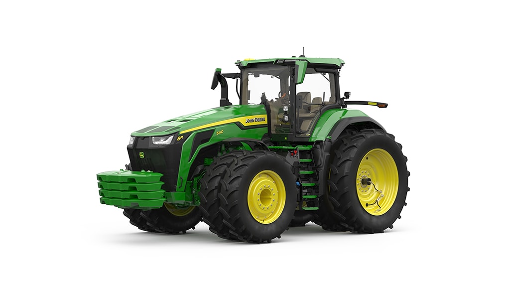 Green tractor with black cabin, large yellow wheels, and attached front loader
