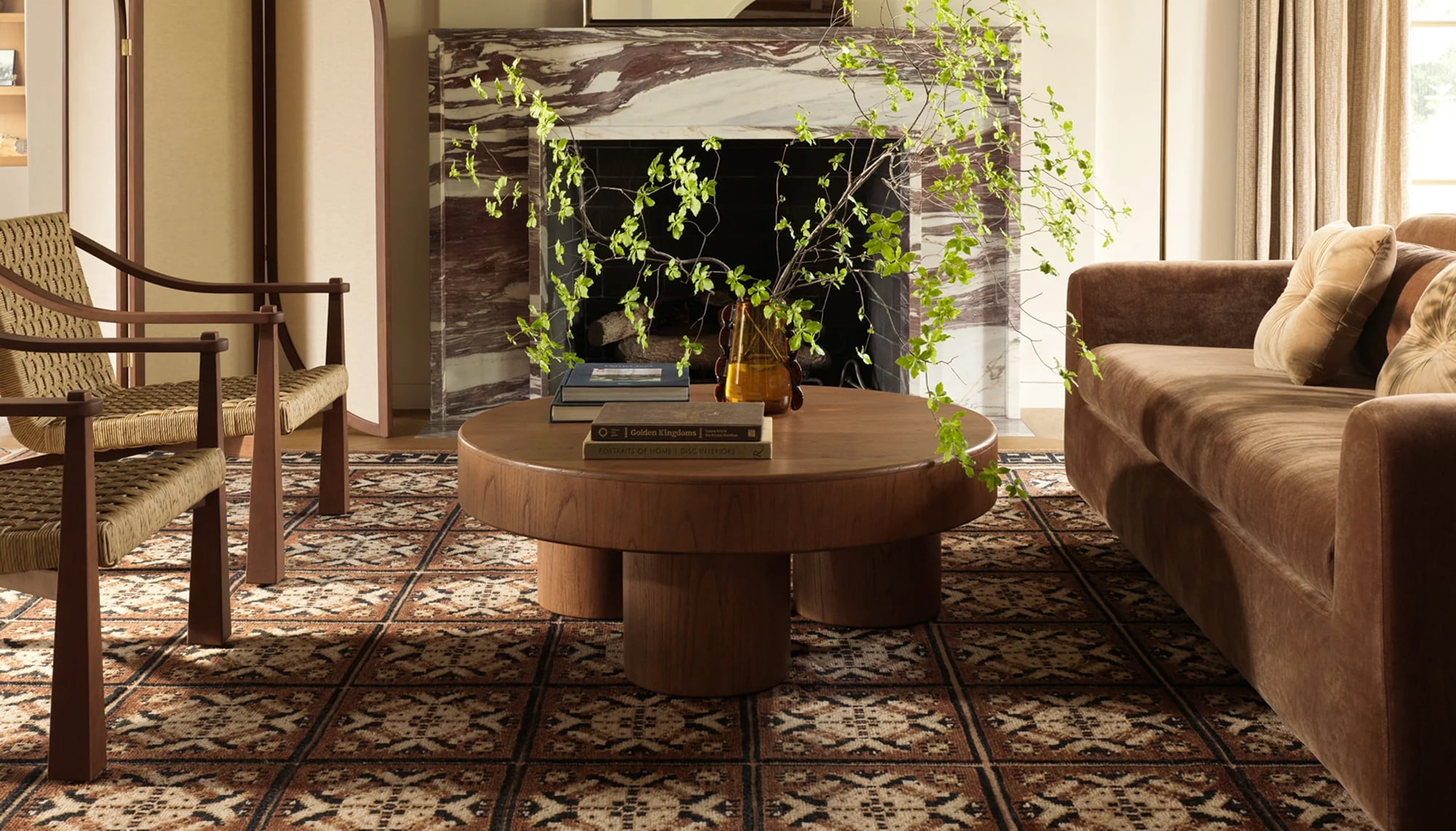 Elegant living room with a brown sofa, round coffee table, patterned rug, and a hanging plant