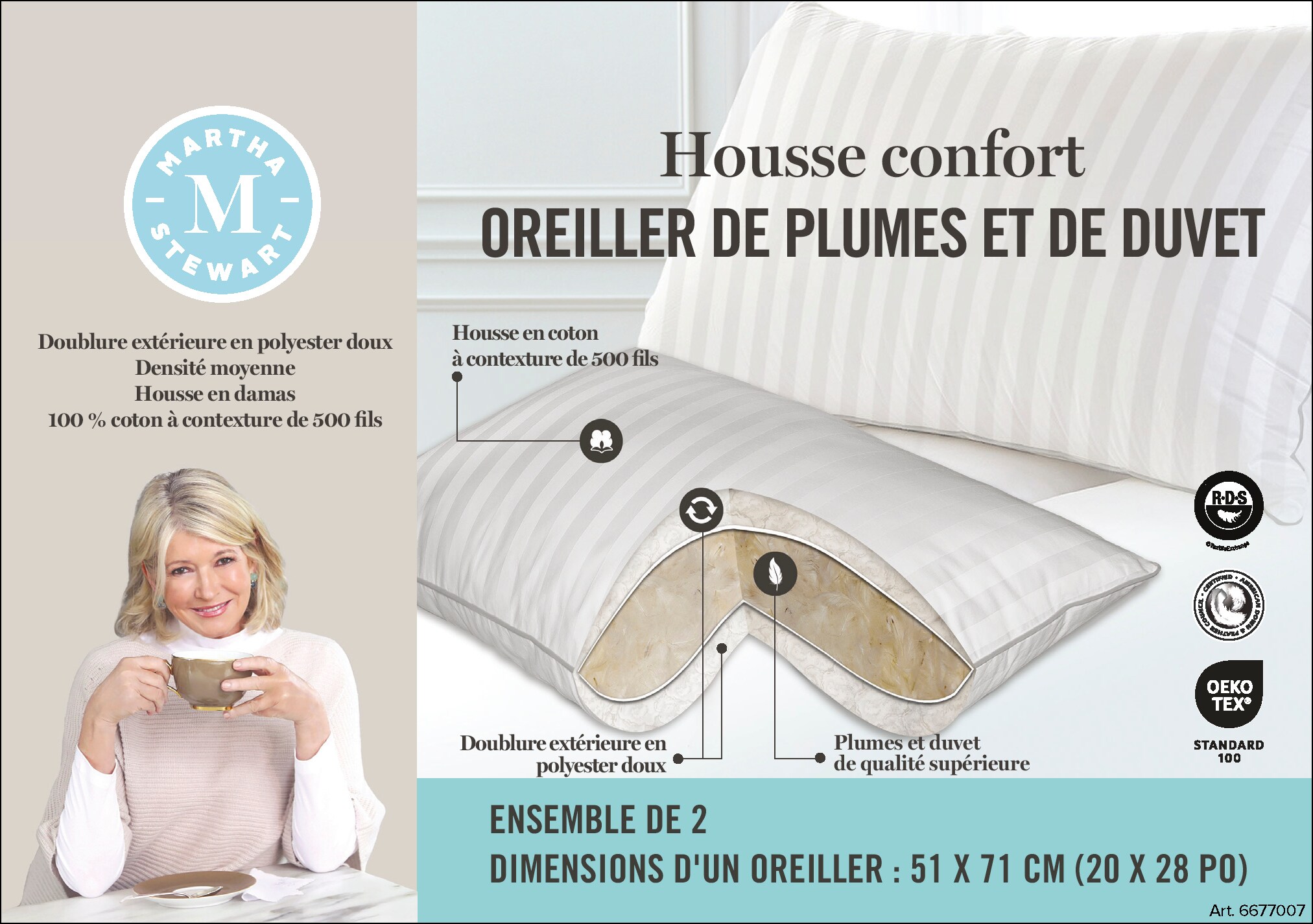 Publicité pour un ensemble de 2 oreillers en duvet avec housse, femme souriante utilisant l'oreiller