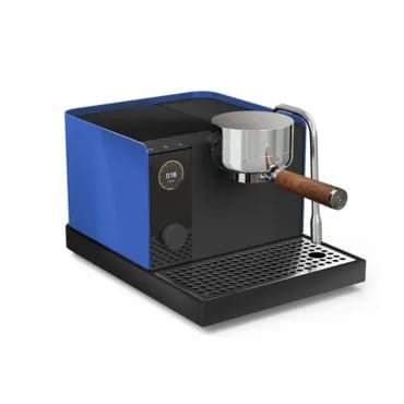 A blue and black coffee machine with a portafilter, likely used for brewing espresso