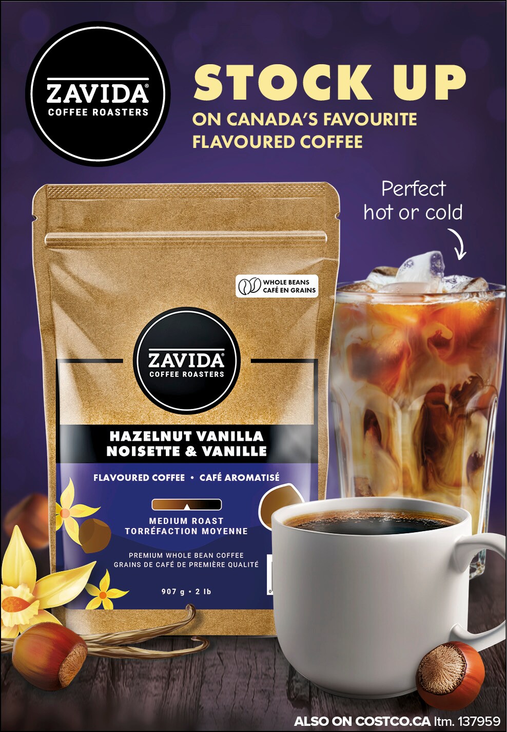 Ad for Zavida Hazelnut Vanilla Coffee, featuring a pack and cup, noted as perfect hot or cold, available at Costco.ca