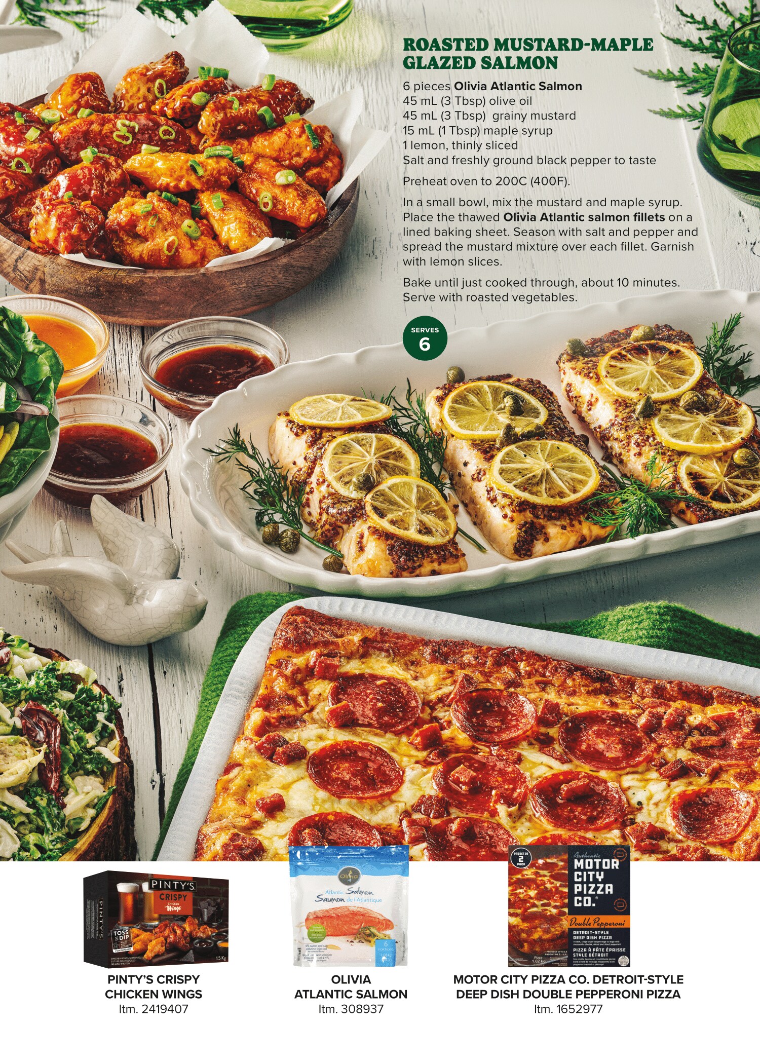 Ad for assorted dishes, featuring roasted mustard-maple chicken, pizzas, and sauces, with product labels visible
