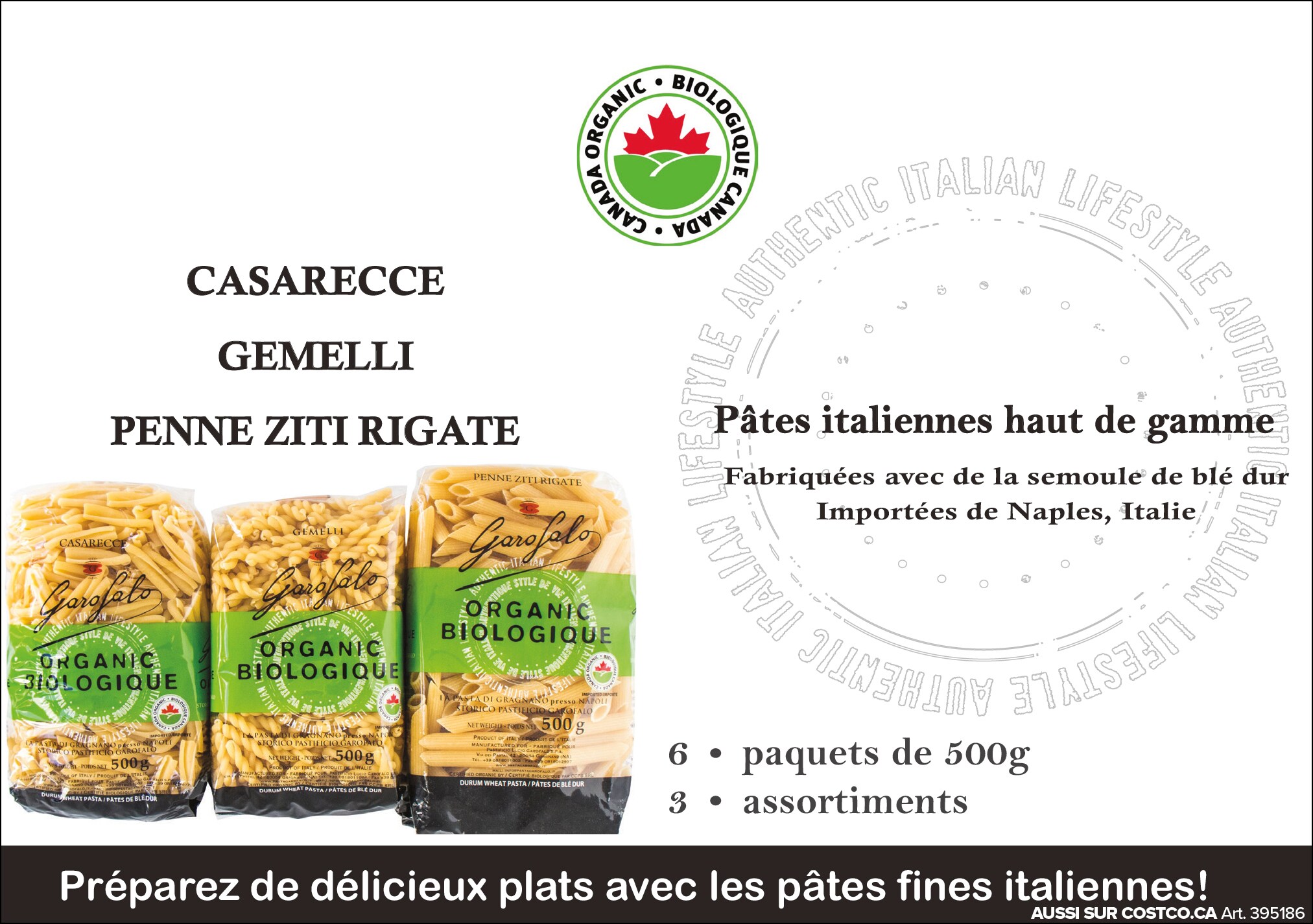 Publicité pour assortiments de pâtes italiennes haut de gamme, incluant casarecce, gemelli, penne ziti rigate