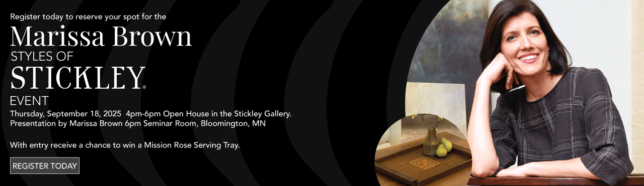 Banner displaying author Marissa Brown and her book 'Stickley' with a smiling woman seated next to a stack of books