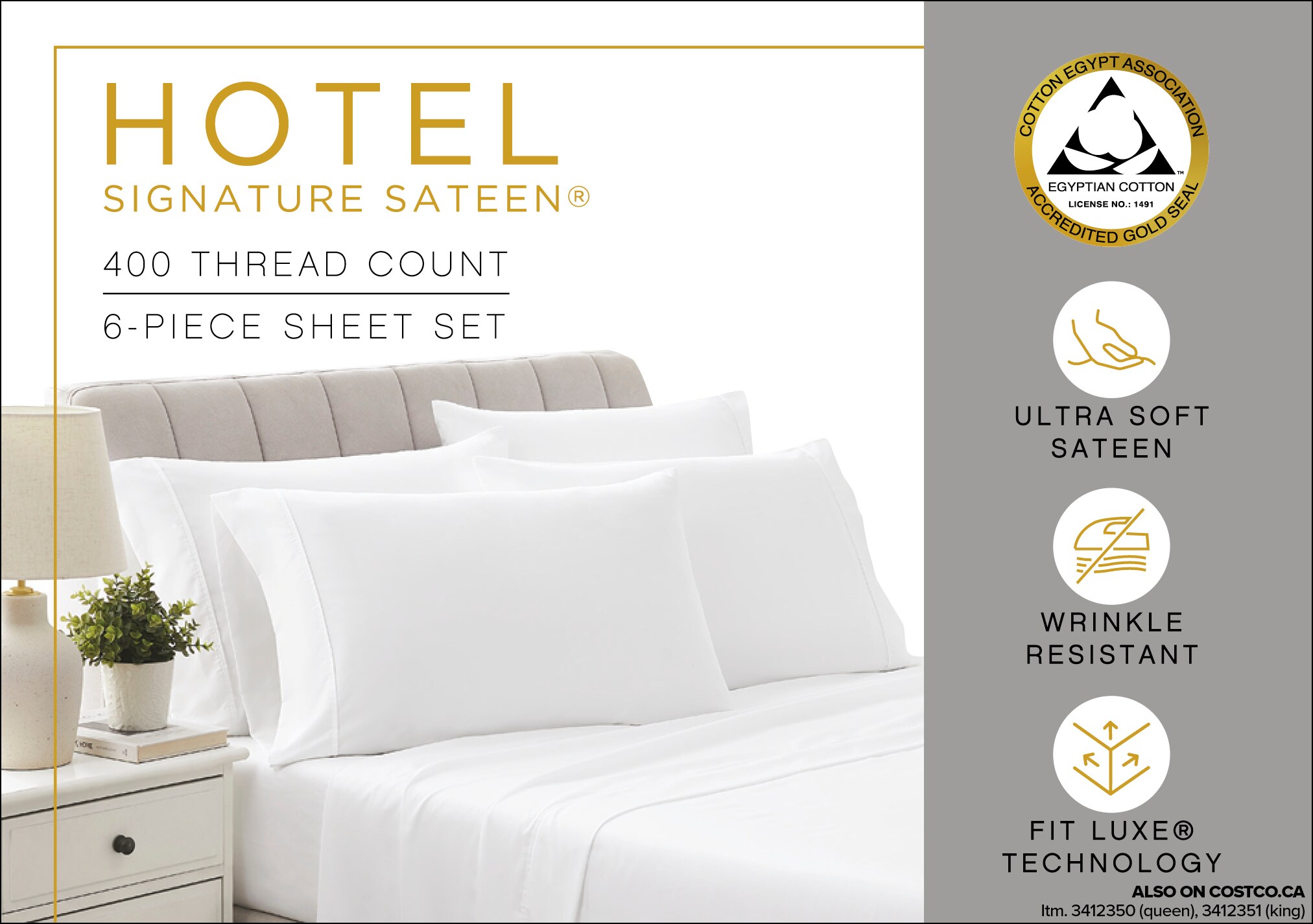 Ad for Hotel Signature Sateen 400 thread count 6-piece sheet set, highlighting ultra-soft, wrinkle-resistant features