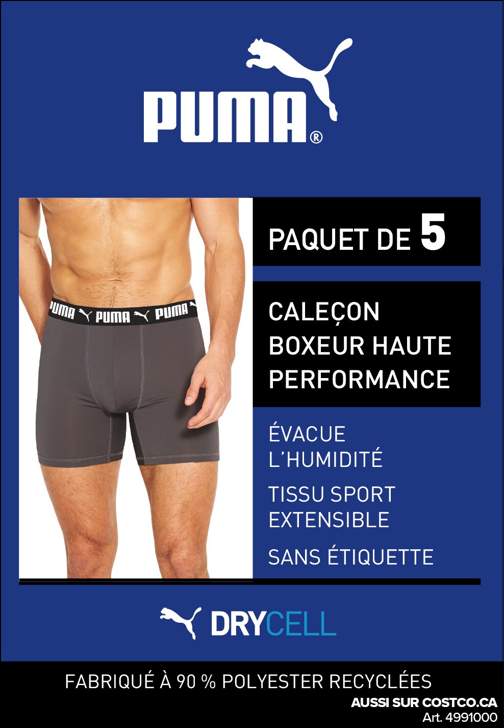 Publicité pour pack de 5 caleçons boxeurs Puma haute performance, évacue l'humidité, sans étiquette