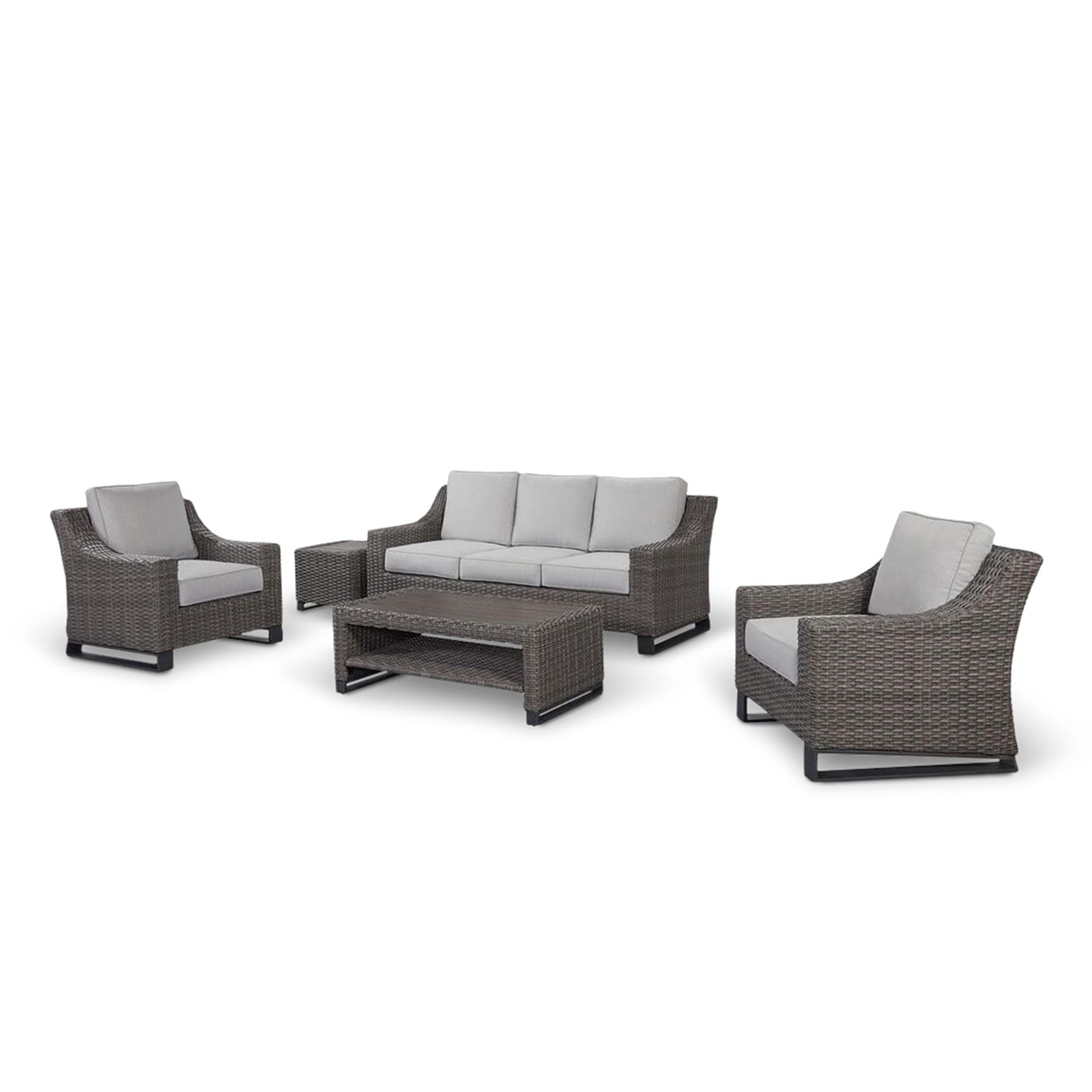 Modern outdoor furniture set with two armchairs, a sofa, and a coffee table, all in brown wicker