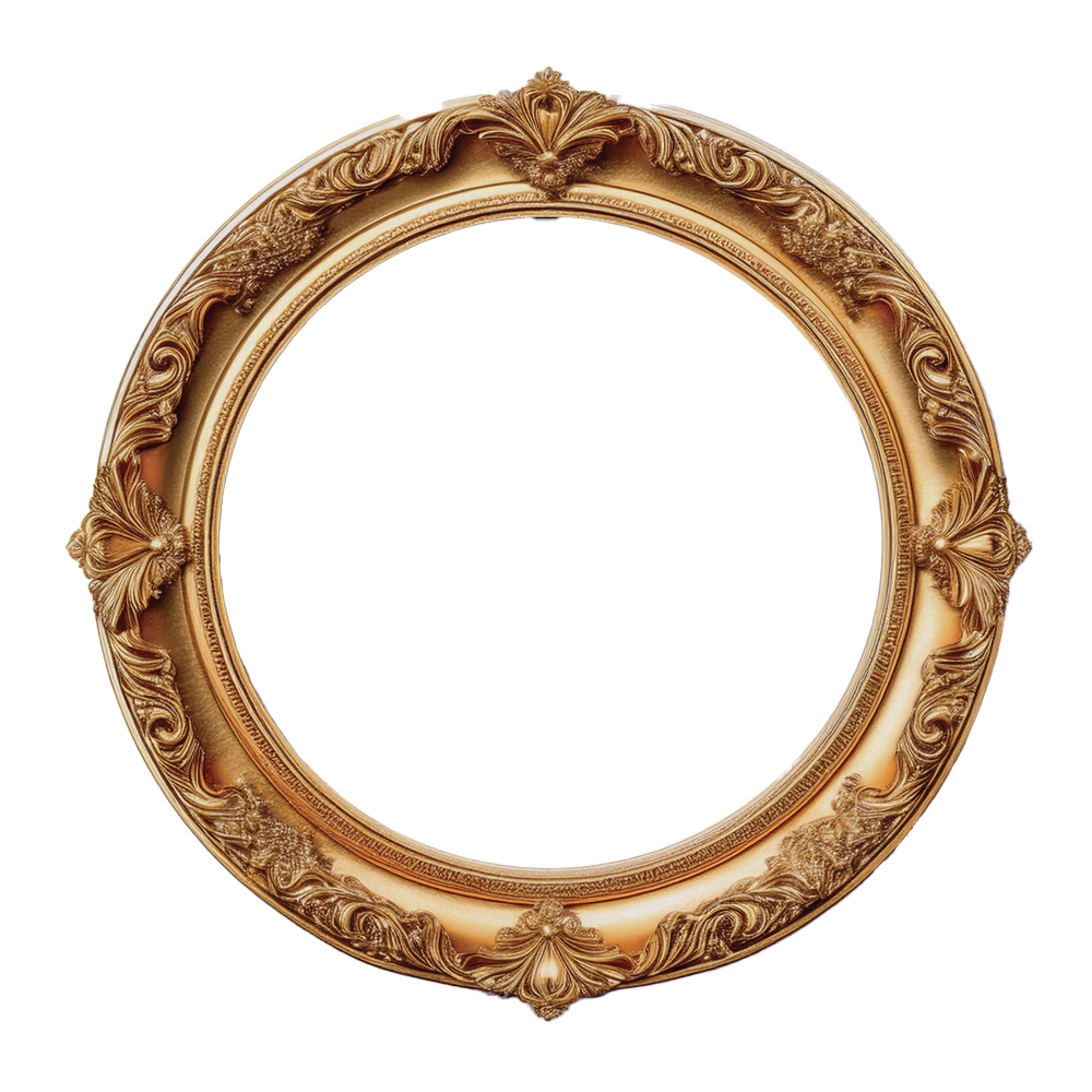 Ornate golden circular frame with intricate floral and leaf designs, isolated on a transparent background