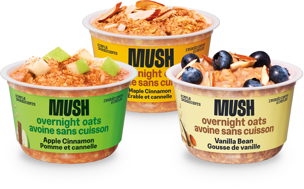 Trois pots de flocons d'avoine MUSH sans cuisson aux pomme-cannelle, vanille, et bleuets. Publicité