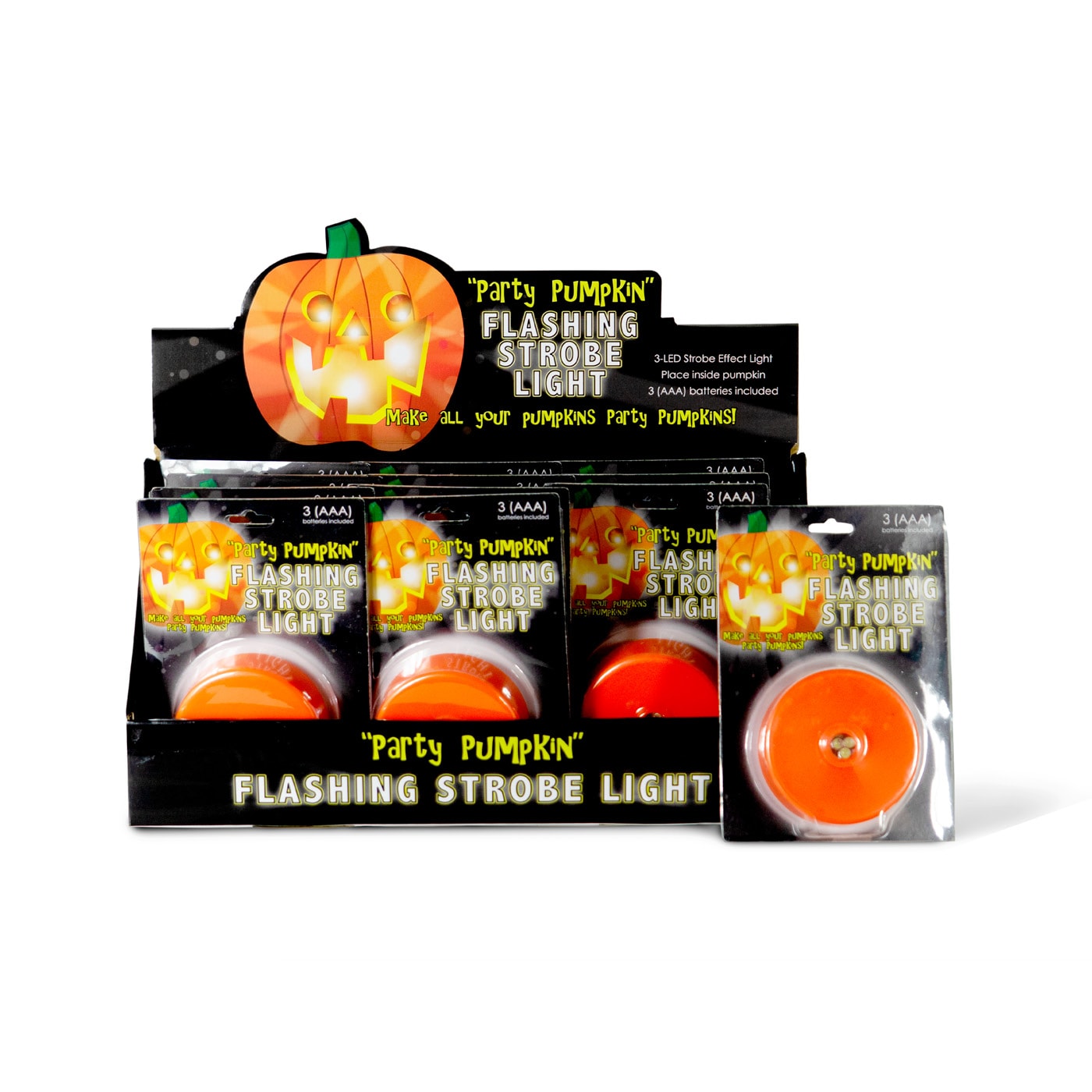 Display of pumpkin flashing strobe light packaging for Halloween